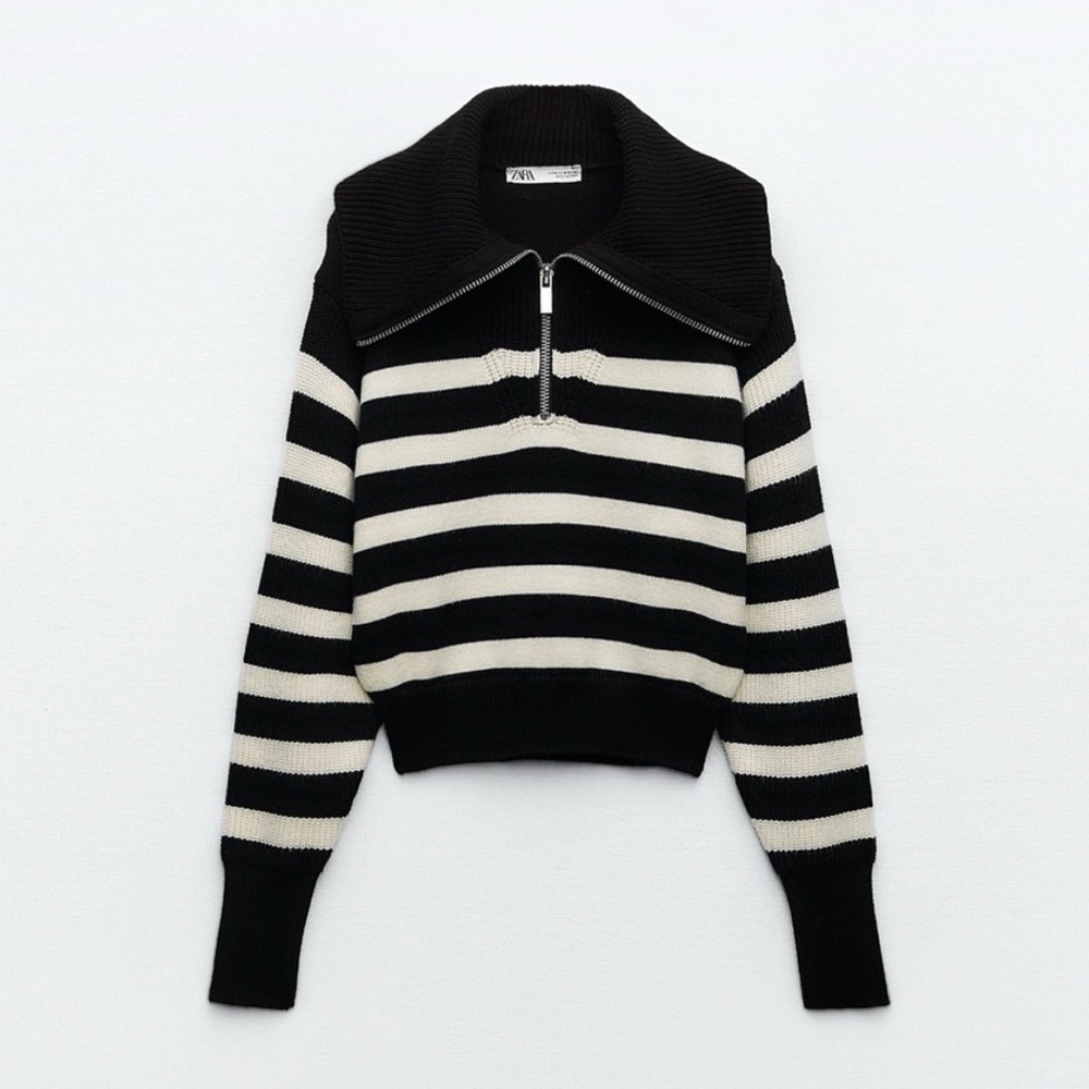 ZARA NWOT Striped Quarter Zip Crop Sweater